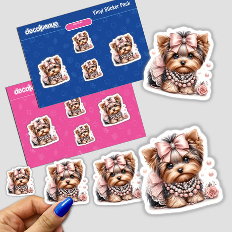 Adorable pink and pearl Yorkie dog digital artworks displayed in a vinyl sticker pack, showcasing the cute canine's accessories and styling.