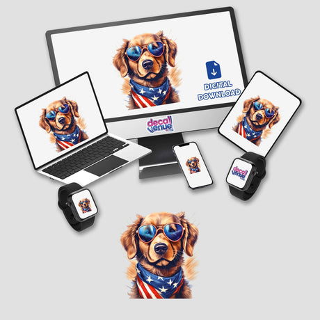 Patriotic dog illustration across various digital devices by Decal Venue, showcasing a golden retriever wearing sunglasses and an American flag bandana.