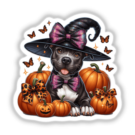 Adorable Halloween Pitbull Puppy in Witch Hat, Surrounded by Pumpkins and Butterflies