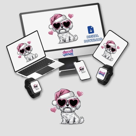 Christmas Santa Pink Glitter Maltese Dog illustration featuring a cartoon dog in a Santa hat and sunglasses, available as stickers or digital artwork from Decal Venue.