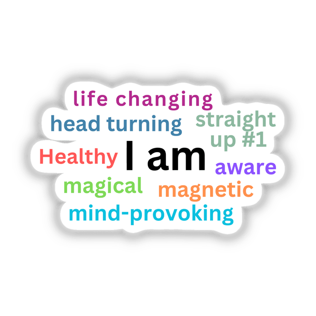 Morning Affirmations sticker or digital art featuring a stylized arrangement of letters in various fonts on a white background, reflecting motivational text.