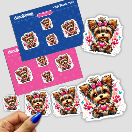 Yorkie Dog Heart Gestures sticker featuring a cartoon dog holding a heart, highlighting playful affection. This product is available as both stickers and digital artwork from Decal Venue.