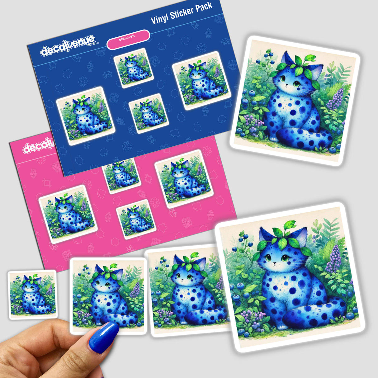 Blueberry Kitten sticker featuring a whimsical cat with blue spots and green leaves, ideal for adding charm to your collection. Available as a sticker or digital artwork from Decal Venue.