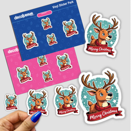 Merry Christmas Reindeer Festive Holiday sticker featuring a cute cartoon reindeer with antlers and a red ribbon. Available as Stickers or Digital Artwork.