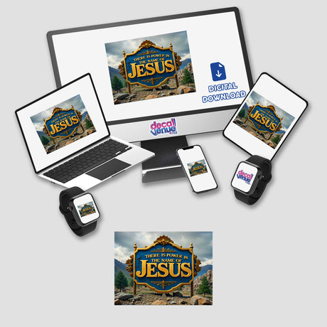 There Is Power In The Name Of Jesus Christian Quote displayed on a computer monitor, laptop, and phone. Available as stickers or digital artwork from Decal Venue.