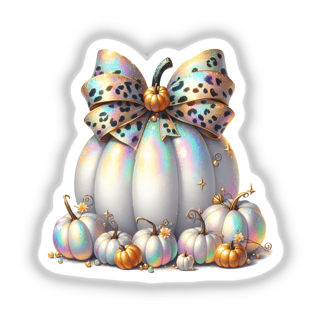 Iridescent Prismatic Pumpkin Display with Leopard Bow - Digital artwork featuring colorful, holographic pumpkins adorned with a vibrant leopard-print bow.