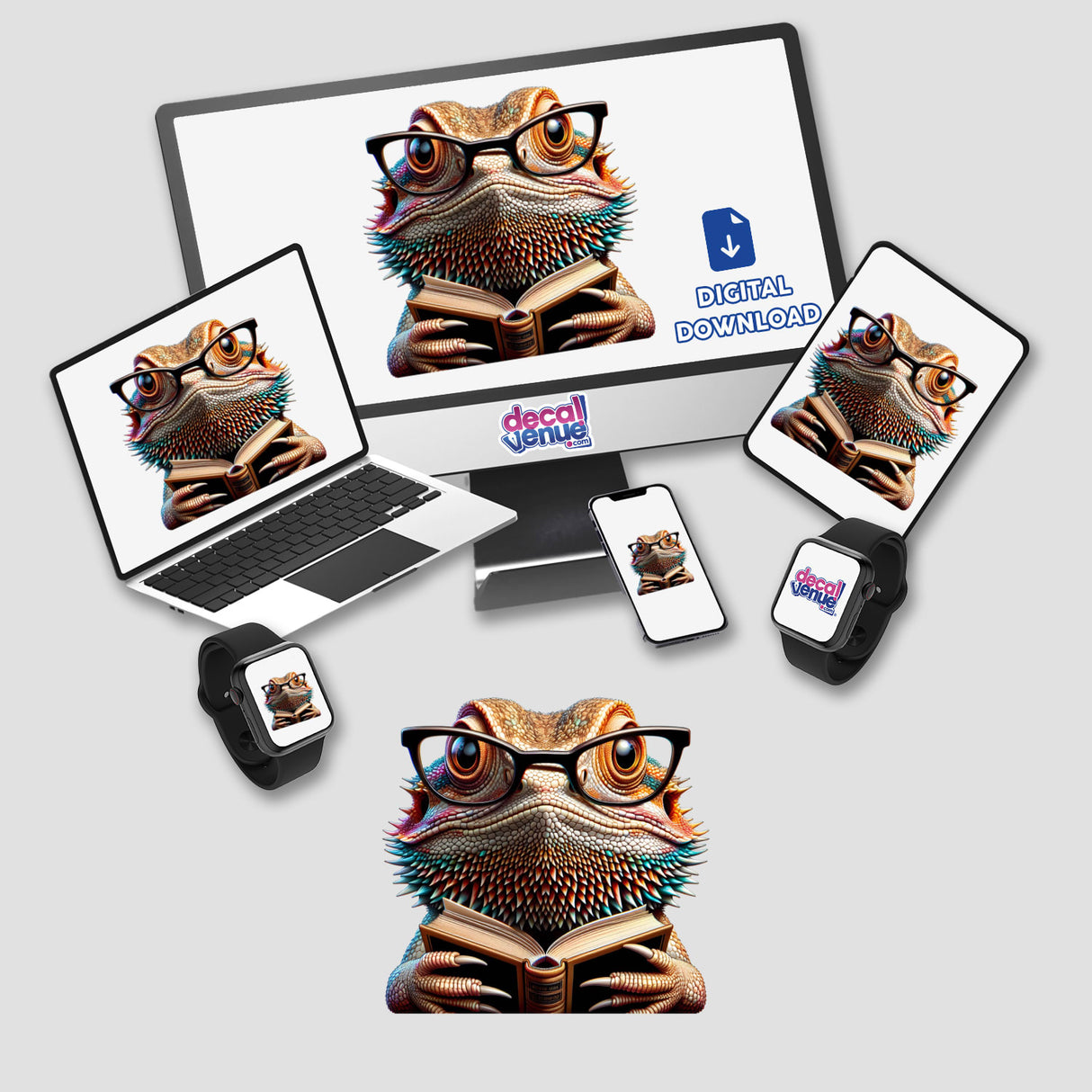 Bearded Dragon With Reading Glasses Open Book depicted on a computer monitor and laptop, available as unique vinyl stickers or digital artwork from Decal Venue.