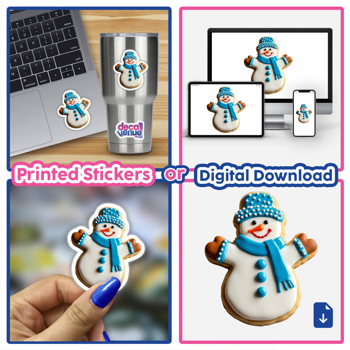 Adorable Winter Snowman Christmas Cookie Design featuring various snowman cookies with blue and white frosting, showcased as stickers or digital artwork.