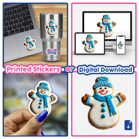 Adorable Winter Snowman Christmas Cookie Design featuring various snowman cookies with blue and white frosting, showcased as stickers or digital artwork.