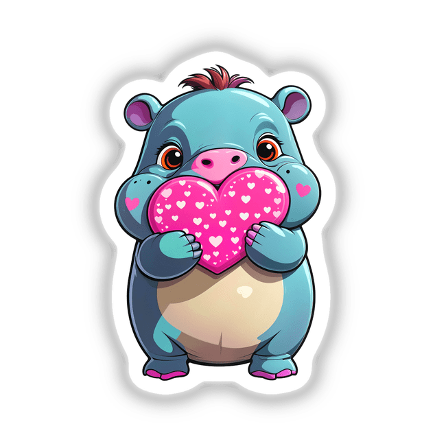 A Cute Pygmy Hippo With Love Hearts cartoon illustration, showcasing a charming hippo holding a heart, available as unique stickers or digital artwork from Decal Venue.