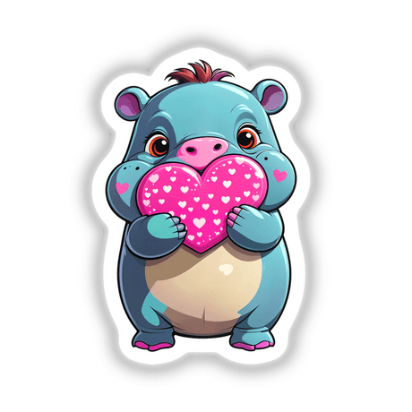 A Cute Pygmy Hippo With Love Hearts cartoon illustration, showcasing a charming hippo holding a heart, available as unique stickers or digital artwork from Decal Venue.