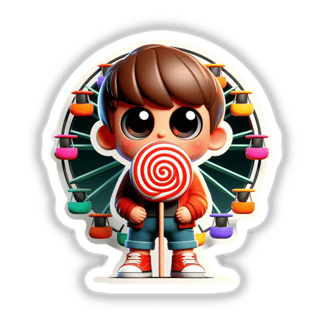 Happy kid cartoon character holding a lollipop, available as stickers or digital artwork.