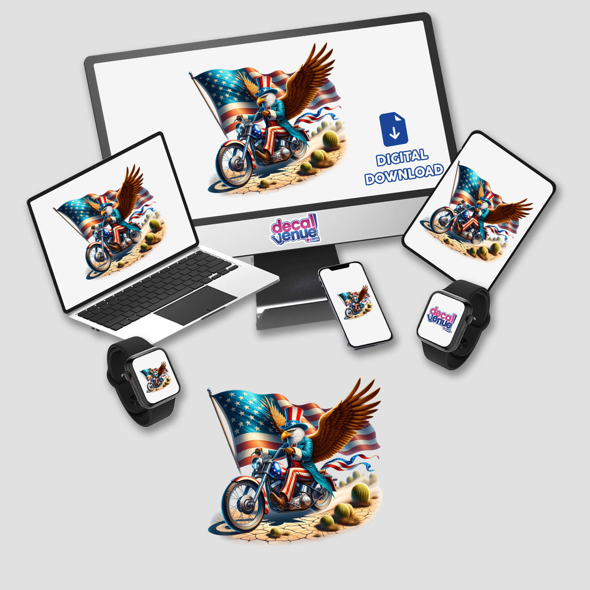 Patriotic eagle riding motorcycle with American flag, digital artwork from Decal Venue