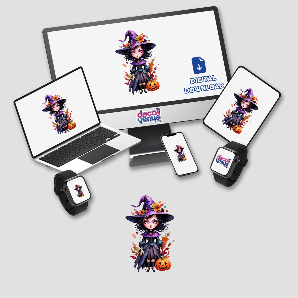 Evil Witch Queen Sticker Design: Dark Enchantress with Sinister Aura displayed on multiple devices, featuring a cartoon character in a purple dress with flowers and pumpkins. Available as stickers or digital artwork.