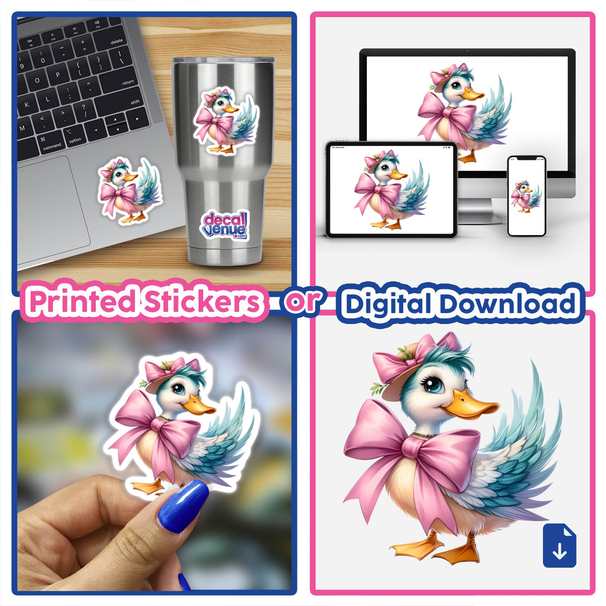 Coquette Bow Easter Duck collage features cartoon ducks with bows, perfect for stickers or digital art from Decal Venue.