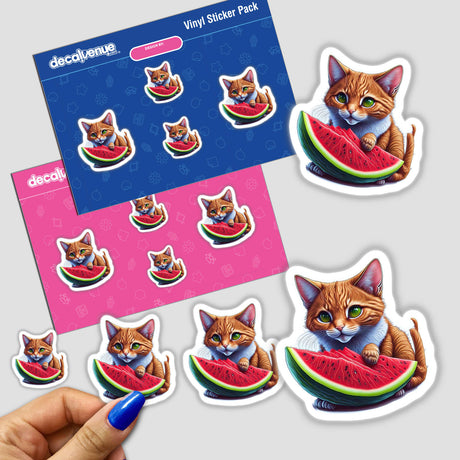 Colorful digital artwork stickers featuring a cat eating a slice of watermelon, displayed on a pink and blue background. The stickers show the cat in various playful poses with the watermelon.