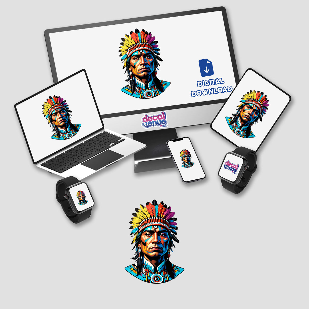 A Native American Warrior Chief depicted on a computer monitor and laptop, available as stickers or digital artwork. The image shows a man in a colorful headdress.