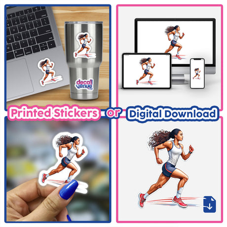 Female runner in active pose on printed stickers and digital displays