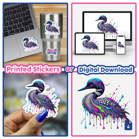 Neon Drip Loon - Psychedelic Wildlife Art: A collage showcasing a vibrant, abstract-patterned loon as stickers and digital artwork, highlighting its unique design available at Decal Venue.