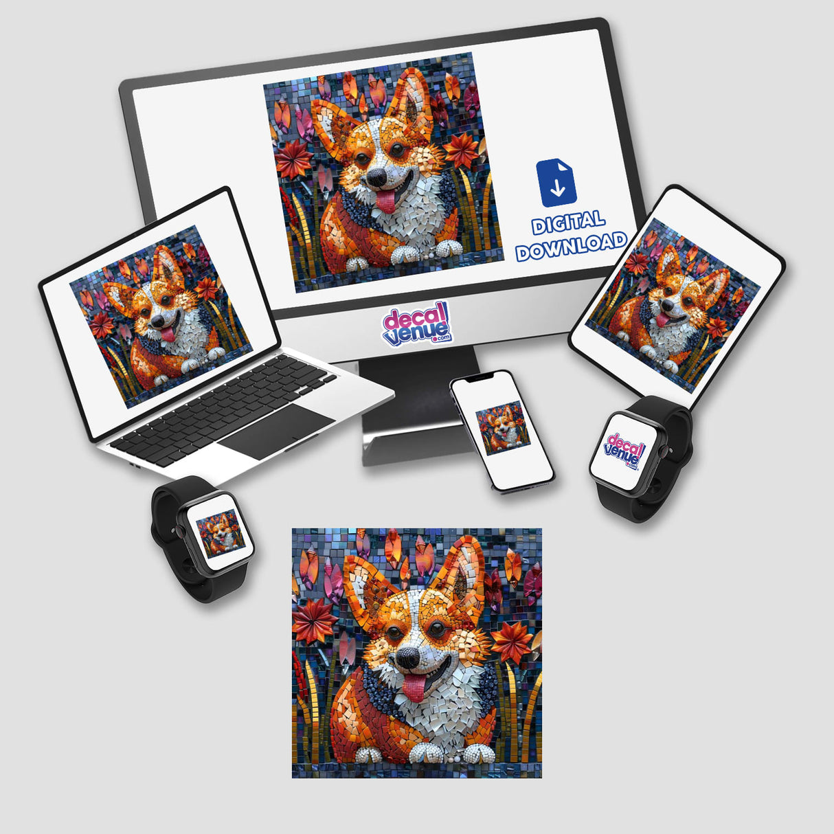 Corgi Mosaic Jewels displayed on a computer monitor and laptop, featuring a detailed, digital artwork of a corgi, available as stickers or digital artwork.