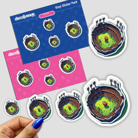 Futebol Americano Um sticker pack featuring various football stadium designs, including a hand holding one sticker. Available as physical stickers or digital artwork.