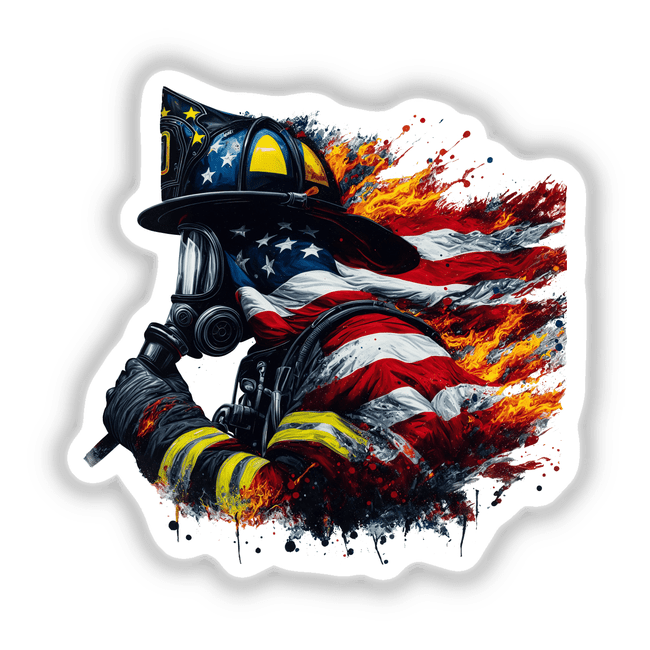 Colorful digital illustration of a heroic American firefighter in uniform with the US flag design, portrayed against a dramatic background of flames and splatter effects.