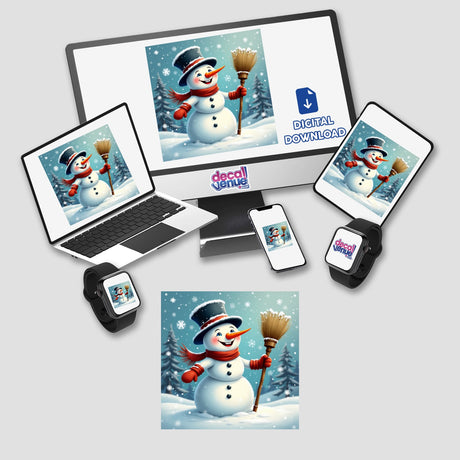 Snowman Envelope Seal Stickers – Frosty and Fun Holiday Stationery featuring a snowman with a hat and scarf holding a broom, displayed on various devices like a laptop and phone.