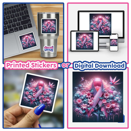 Collage featuring Breast Cancer Silver Series 7: laptops displaying ribbon and flower designs, a close-up of a hand, water bottle, and cellphone screenshot, available as stickers or digital artwork.