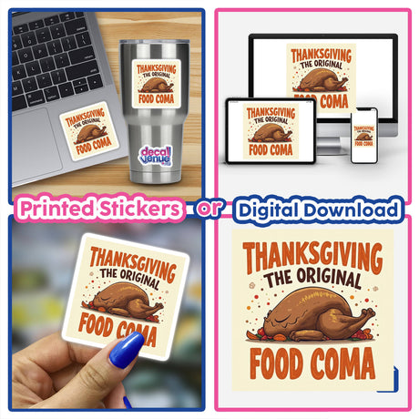 Thanksgiving: The Original Food Coma Funny Sticker: Humorous turkey clipart depicting a cartoon turkey resting, available as both stickers and digital artwork, perfect for laptops and other surfaces.