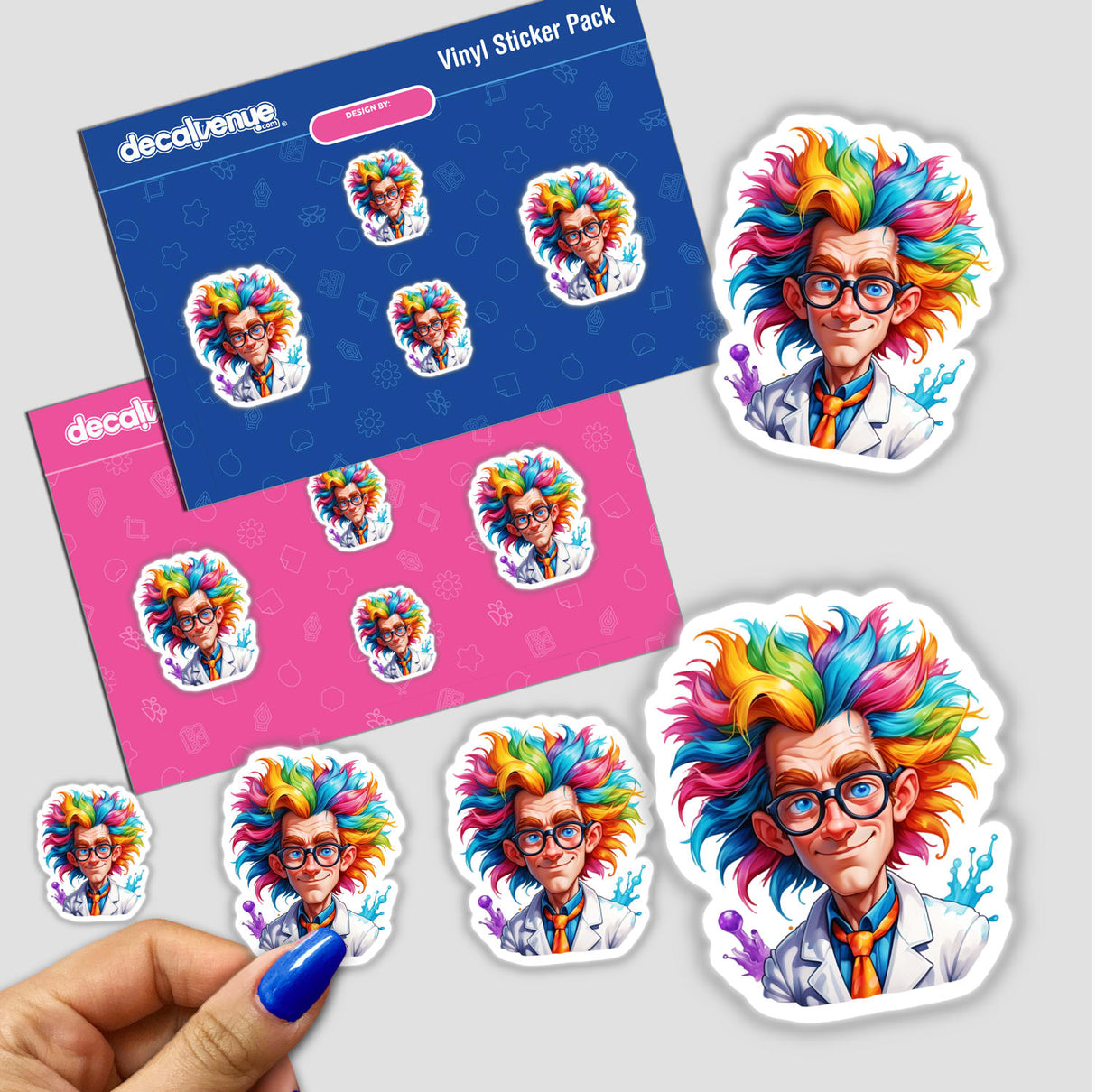 Mad Scientist: Eccentric Genius with Wild Rainbow Hair sticker pack featuring multiple vibrant cartoon characters, including a close-up of a finger holding one of the stickers.