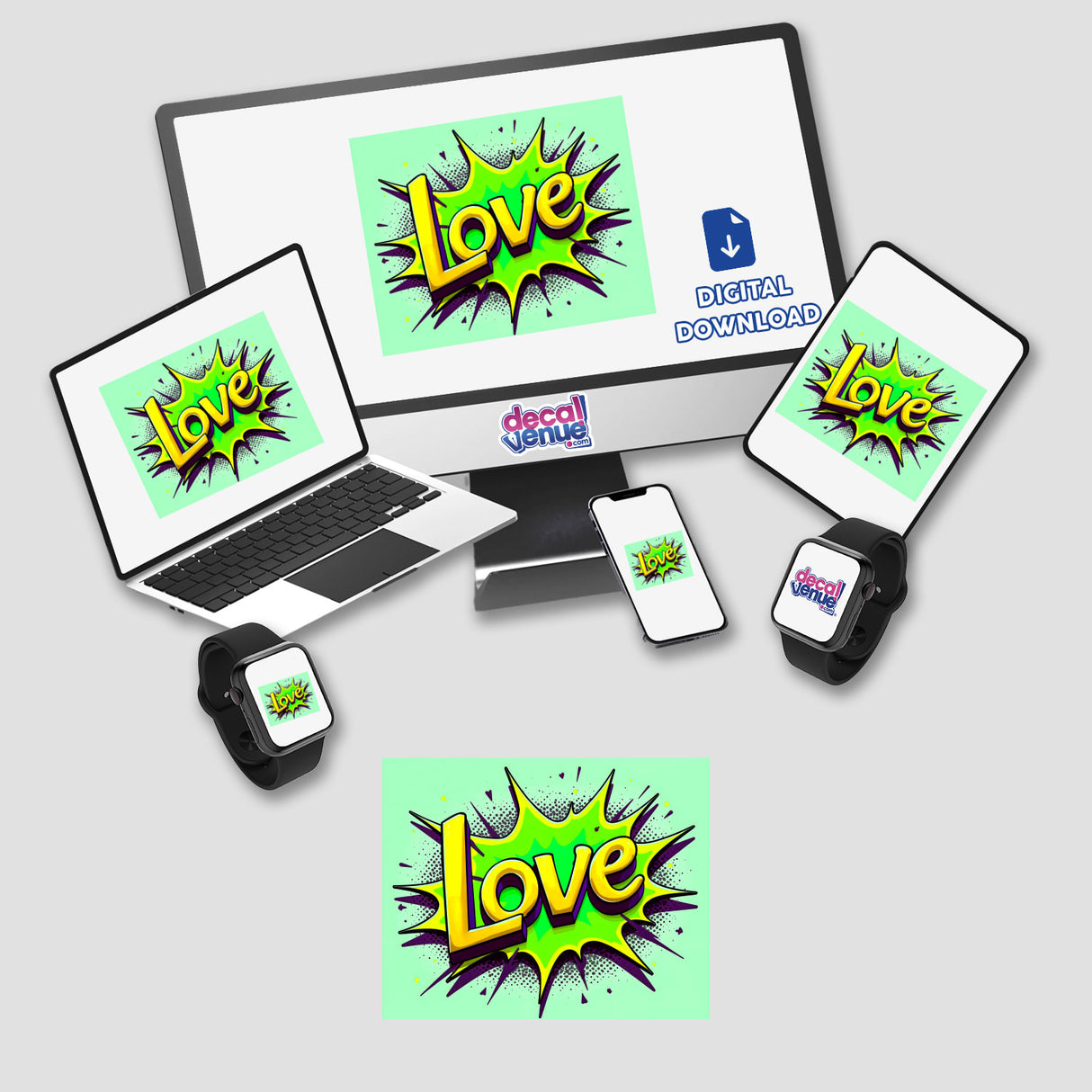 Love Valentine's Day stickers and digital artwork shown on a laptop screen, featuring vibrant designs. Includes a phone display and a smart watch, emphasizing diverse digital and sticker formats.