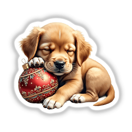 Puppy Sleeping on Christmas Ornament design features a playful puppy with a festive ornament, perfect as stickers or digital art for holiday decor from Decal Venue.