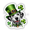 St Patricks Day Leprechaun Dalmatian Dog wearing a green hat adorned with clovers, available as stickers or digital artwork from Decal Venue.