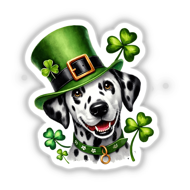 St Patricks Day Leprechaun Dalmatian Dog wearing a green hat adorned with clovers, available as stickers or digital artwork from Decal Venue.