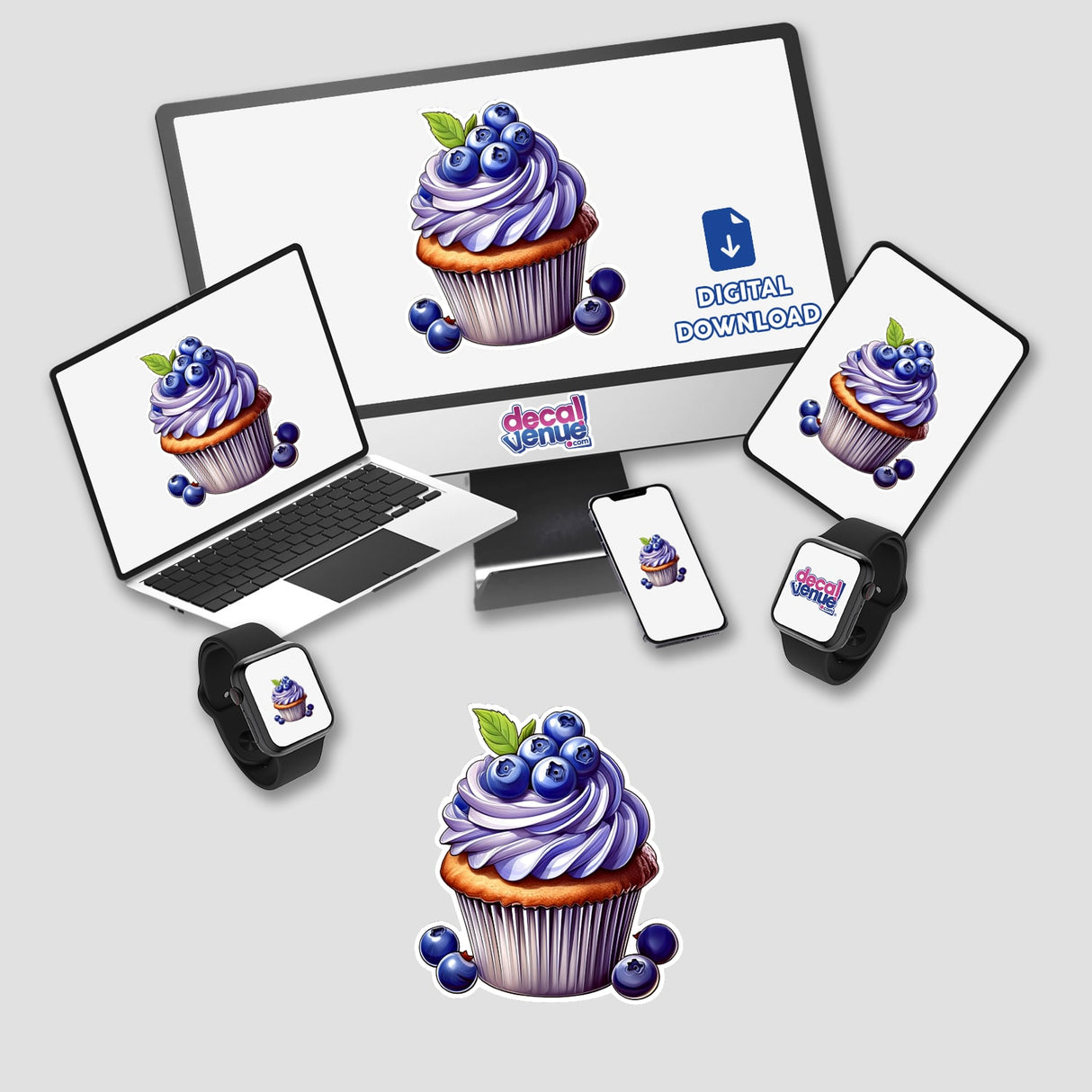 Tasty blueberry cupcake with swirling purple frosting and fresh blueberries, displayed across various digital devices and products from Decal Venue.