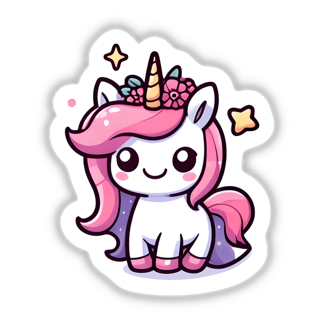 Charming Unicorn Digital Artwork - Whimsical pink unicorn with floral accents and sparkling stars in the Decal Venue sticker collection.