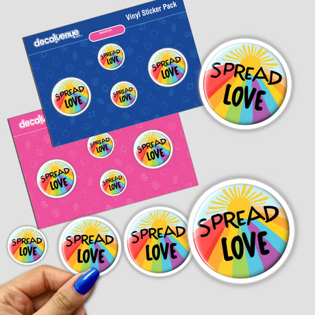 Colorful ‘Spread Love’ Button Design featuring a vibrant yellow sunburst with rainbow stripes, available as stickers or digital artwork, showcasing Decal Venue's unique vinyl design style.