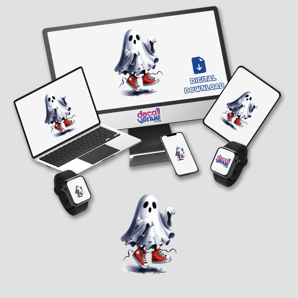 Halloween Dancing Sneakers Ghost displayed on a computer monitor and laptop screen. Available as stickers or digital artwork from Decal Venue.