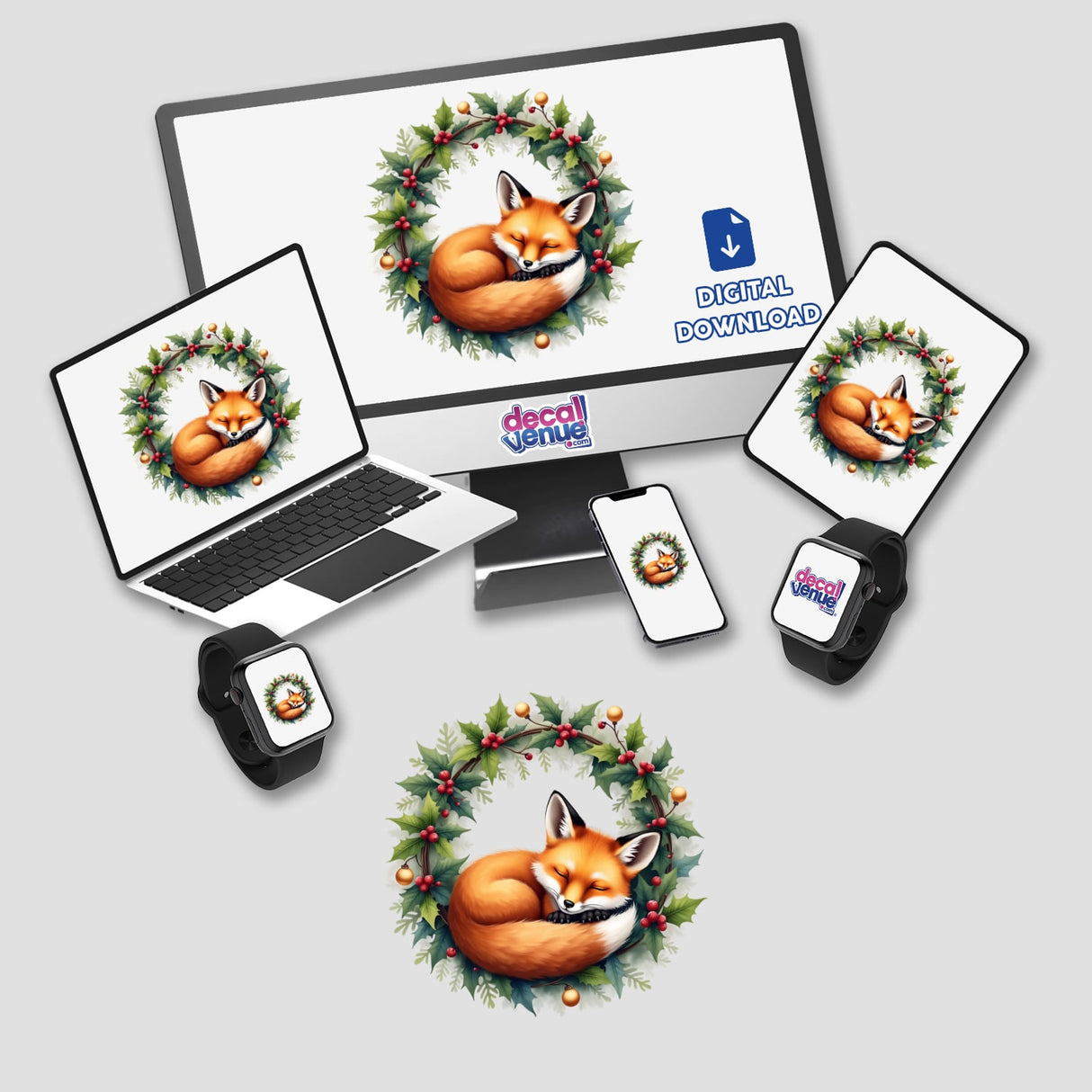 Sleeping Fox in a Christmas Wreath displayed on a computer monitor and laptop screen. Available as stickers or digital artwork, capturing a cozy, festive theme from Decal Venue's unique collection.