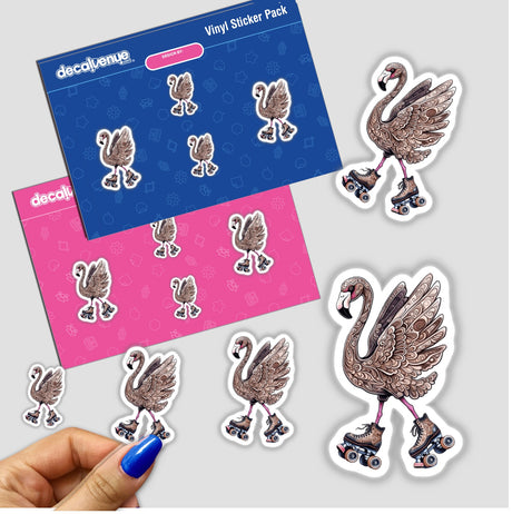 Flamingo on Roller Skates sticker pack featuring intricate feather details, showcasing a whimsical flamingo design. Available as vinyl stickers or digital artwork from Decal Venue.