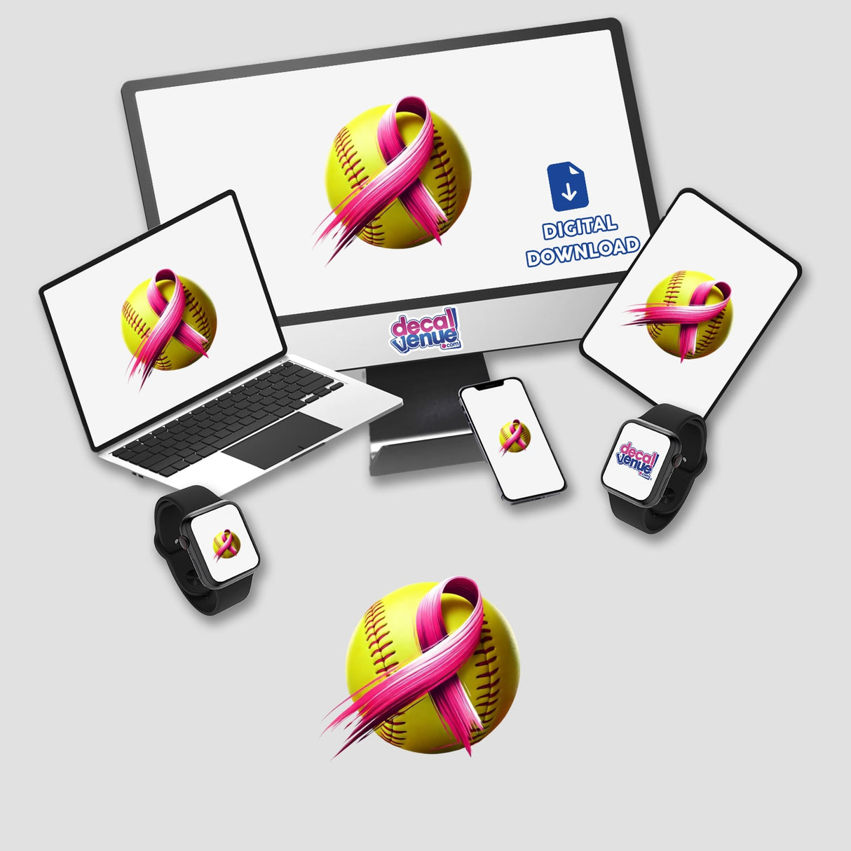 Yellow Softball with Pink Ribbon Breast Cancer sticker or digital artwork featuring a computer monitor, laptop, and smartwatch adorned with a pink ribbon, available at Decal Venue.