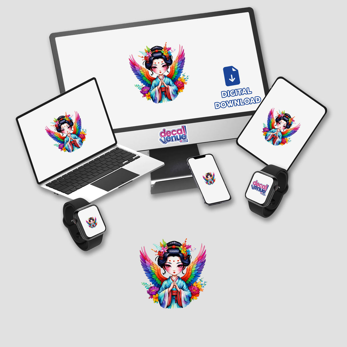 Sticker Design: Ethereal Angelic Geisha displayed on a computer monitor and laptop, featuring a cartoon woman with colorful wings and flowers. Available as Stickers or Digital Artwork.