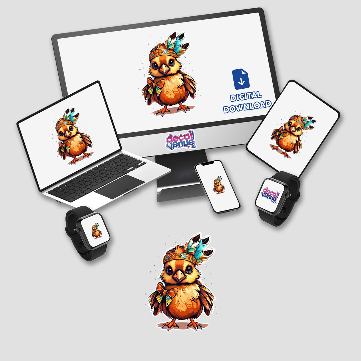 Indian Chick digital artwork displayed on a monitor, laptop, tablet, phone, and smartwatch. Available as stickers or digital downloads.