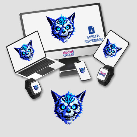 A Cool Undead Cat Skull displayed on a computer monitor and laptop screen, offered as stickers or digital artwork, showcasing unique cartoon designs from Decal Venue.