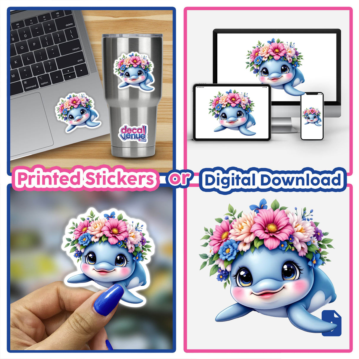 Happy Dolphin with a Flower Crown: A collage featuring a cartoon dolphin adorned with a floral crown, available as unique stickers or digital artwork from Decal Venue.