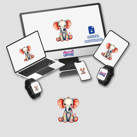 A Cute Elephant With Flowers displayed on a laptop, monitor, tablet, and smartwatch, available as stickers or digital artwork from Decal Venue.