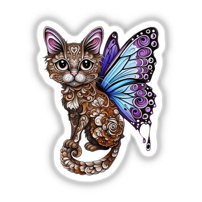 Whimsical Cat with Intricate Butterfly Wings and Decorative Patterns, available as stickers or digital artwork, showcasing a creative blend of feline grace with detailed butterfly elements.