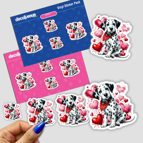 Watercolor Dalmatian Hearts sticker pack features a white dog with black spots and a red bandana, surrounded by hearts. Available as stickers or digital artwork from Decal Venue.