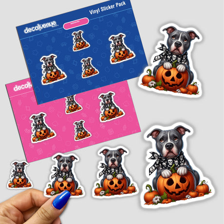 Skull Bandana Trick or Treat Pitbull Dog stickers featuring a pitbull holding a pumpkin, perfect for Halloween-themed decorations.