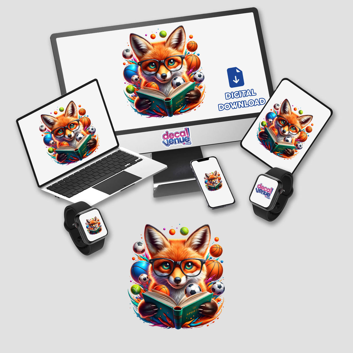 Fox Reading a Book with Glasses and Sports Balls artwork, featuring a fox engrossed in a book while wearing glasses. Available as stickers and digital art from Decal Venue.